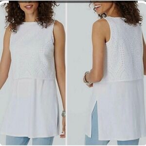 J Jill Womens XL White Eyelet lace  Layered Tunic Top blouse minimalist